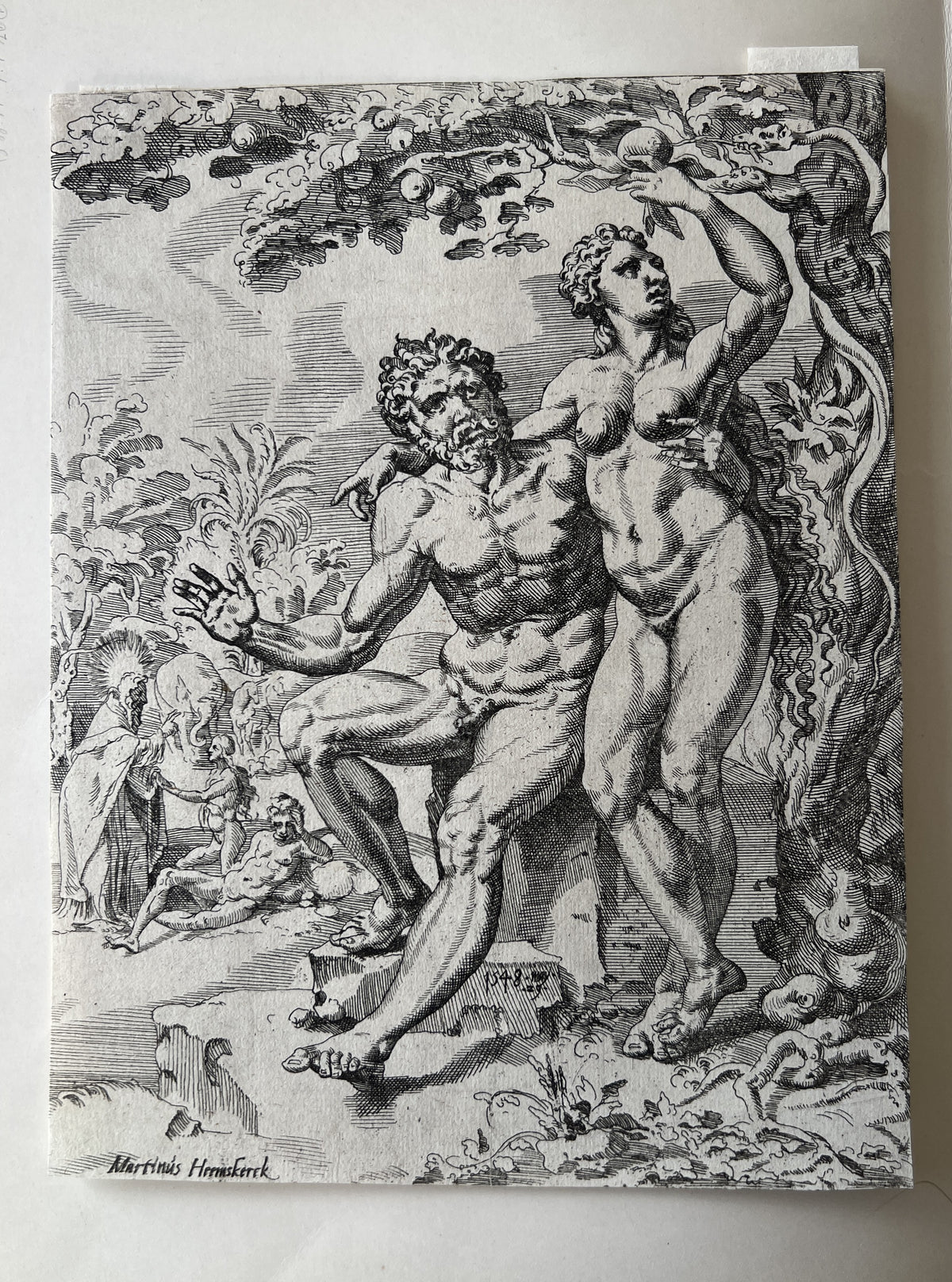 Coornhert, Dirck Volckertsz (1522-1590, attr. to) after Maarten van Heemskerck (1498-1574) Adam and Eve pick the Forbidden Fruit. The Fall and the Redemption of Humanity through the Life and Passion of Christ.