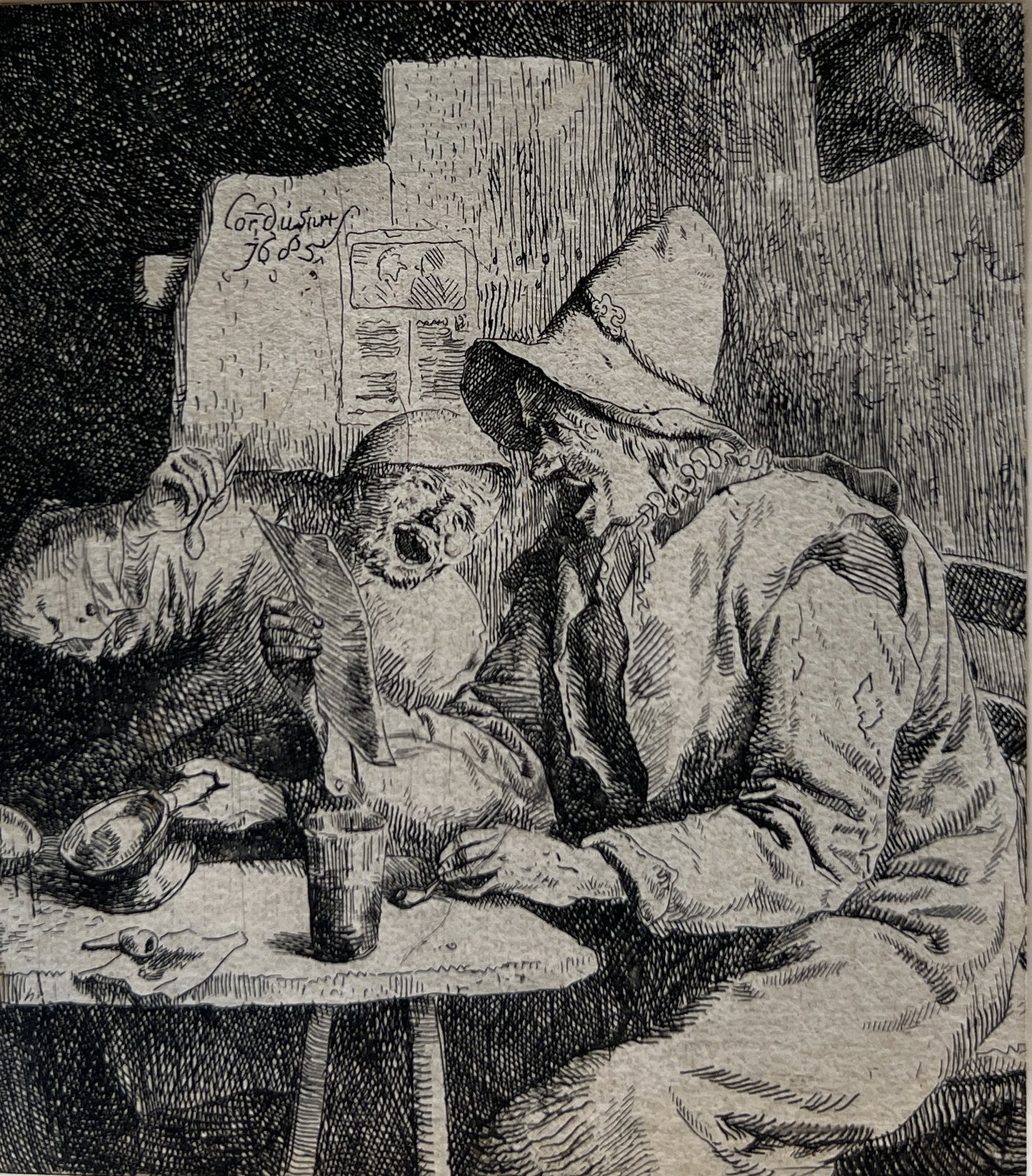 Dusart, Cornelis (1660-1704) Two Peasants Singing. Etching on laid paper.