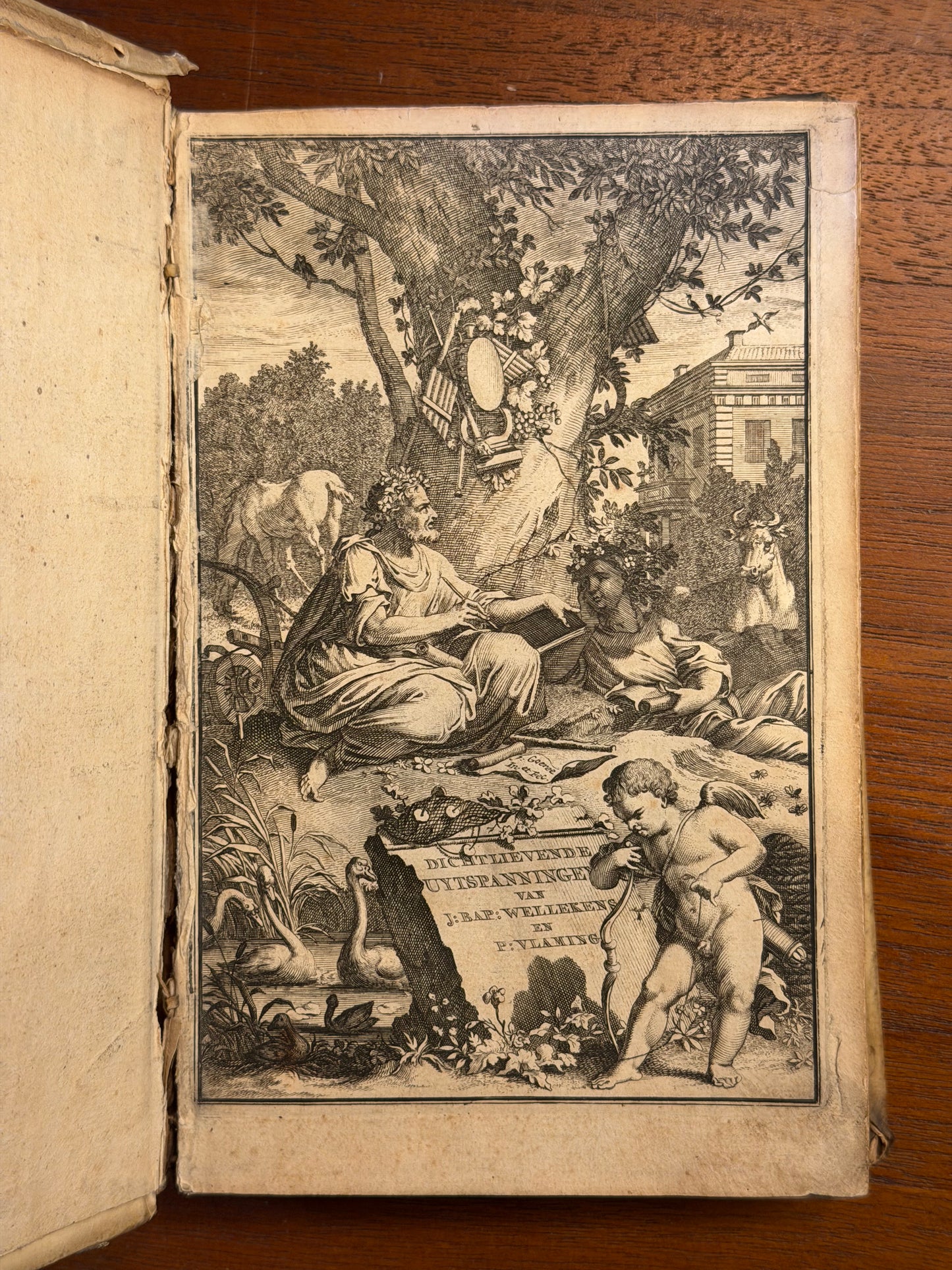 DICHTLIEVENDE UITSPANNINGEN VAN JAN BAPTISTA WELLEKENS, EN PIETER VLAMING. BESTAANDE IN HERDERS- HOEF- en VELDGEZANGEN, TAFEREELEN, BRIEVEN enz. 1710