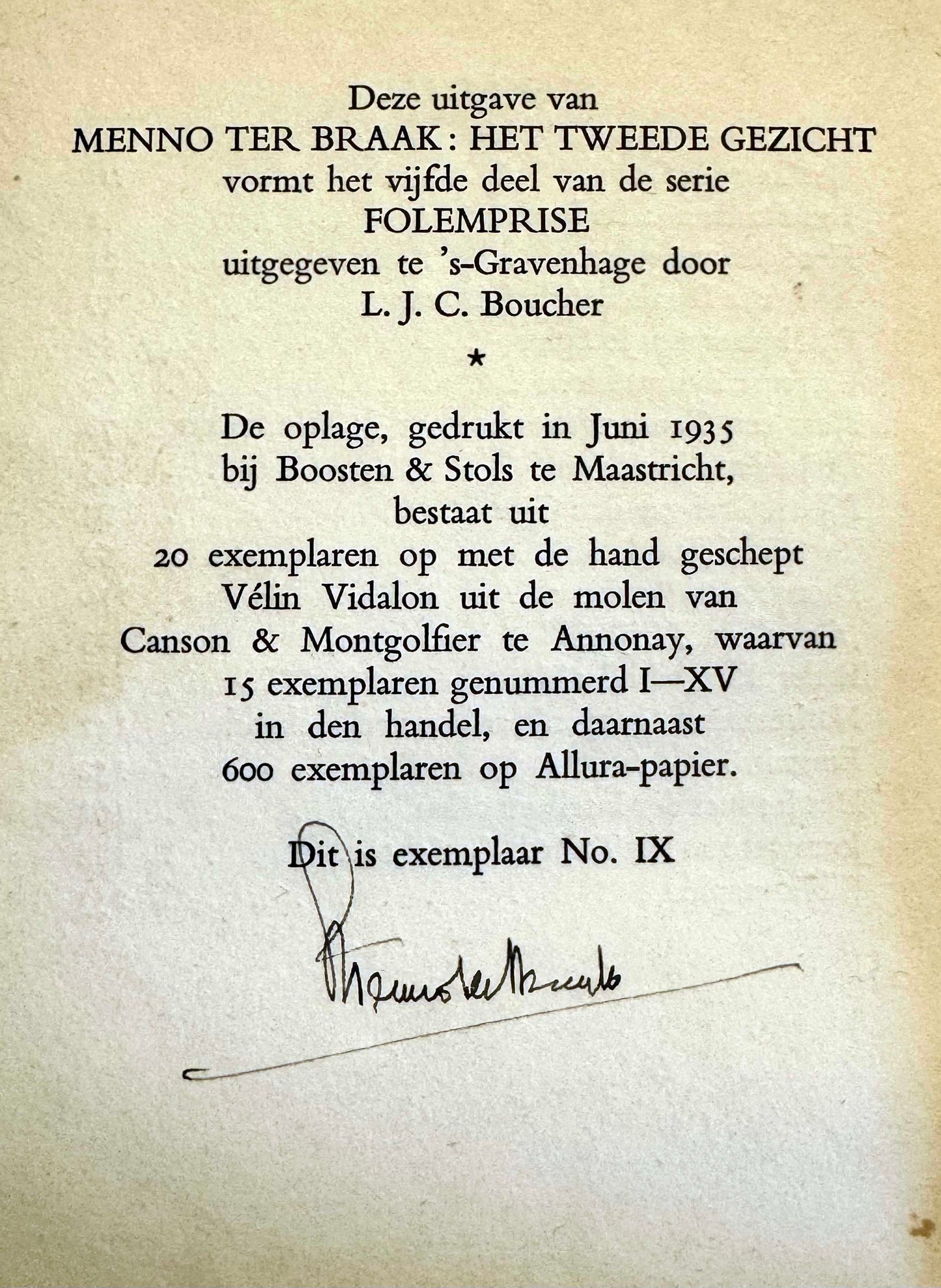 Menno ter Braak, Het tweede gezicht, Den Haag, Folemprise 1935