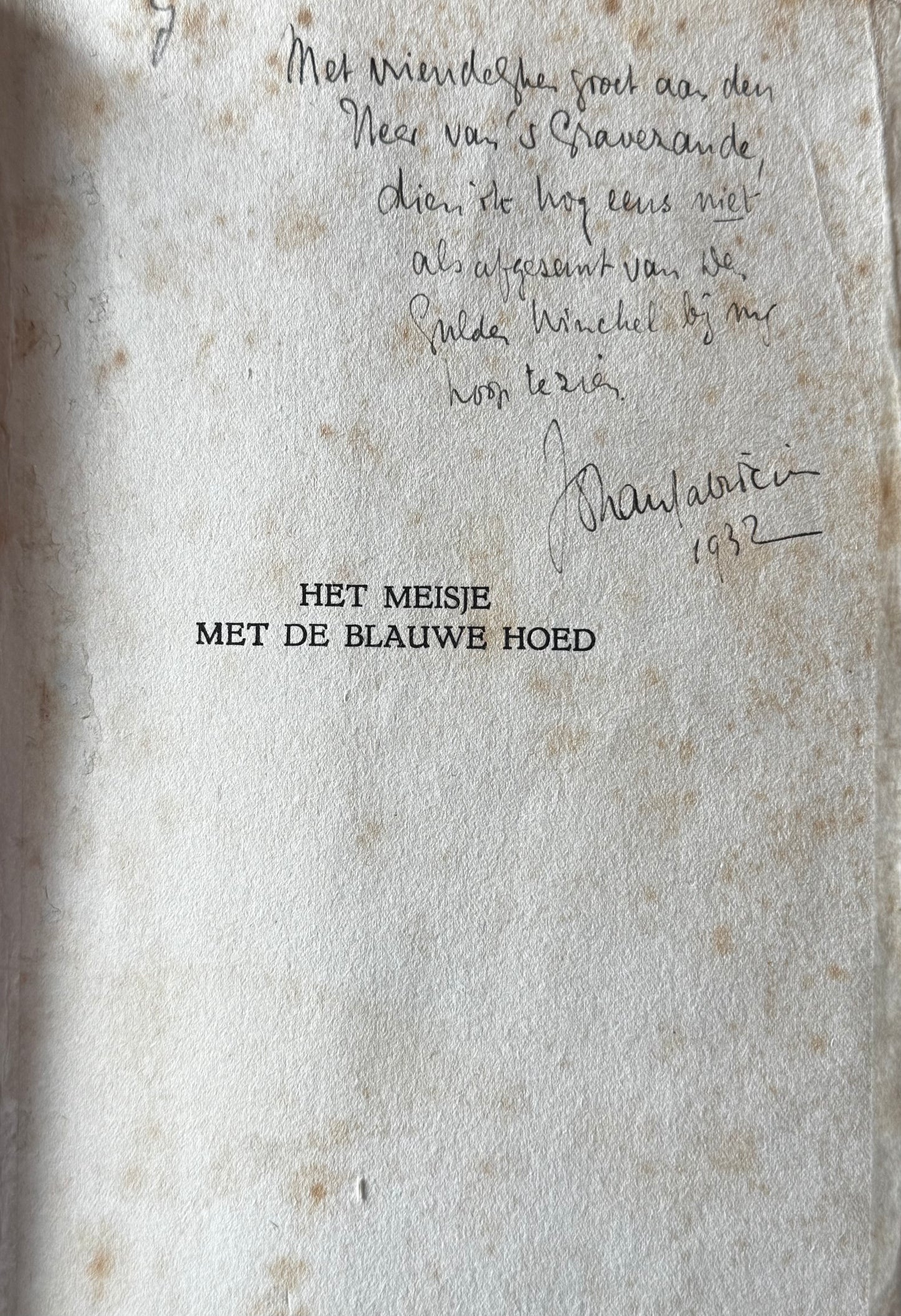 Johan Fabricius, Het meisje met de blauwe hoed. Den Haag, H.P. Leopold, 1927