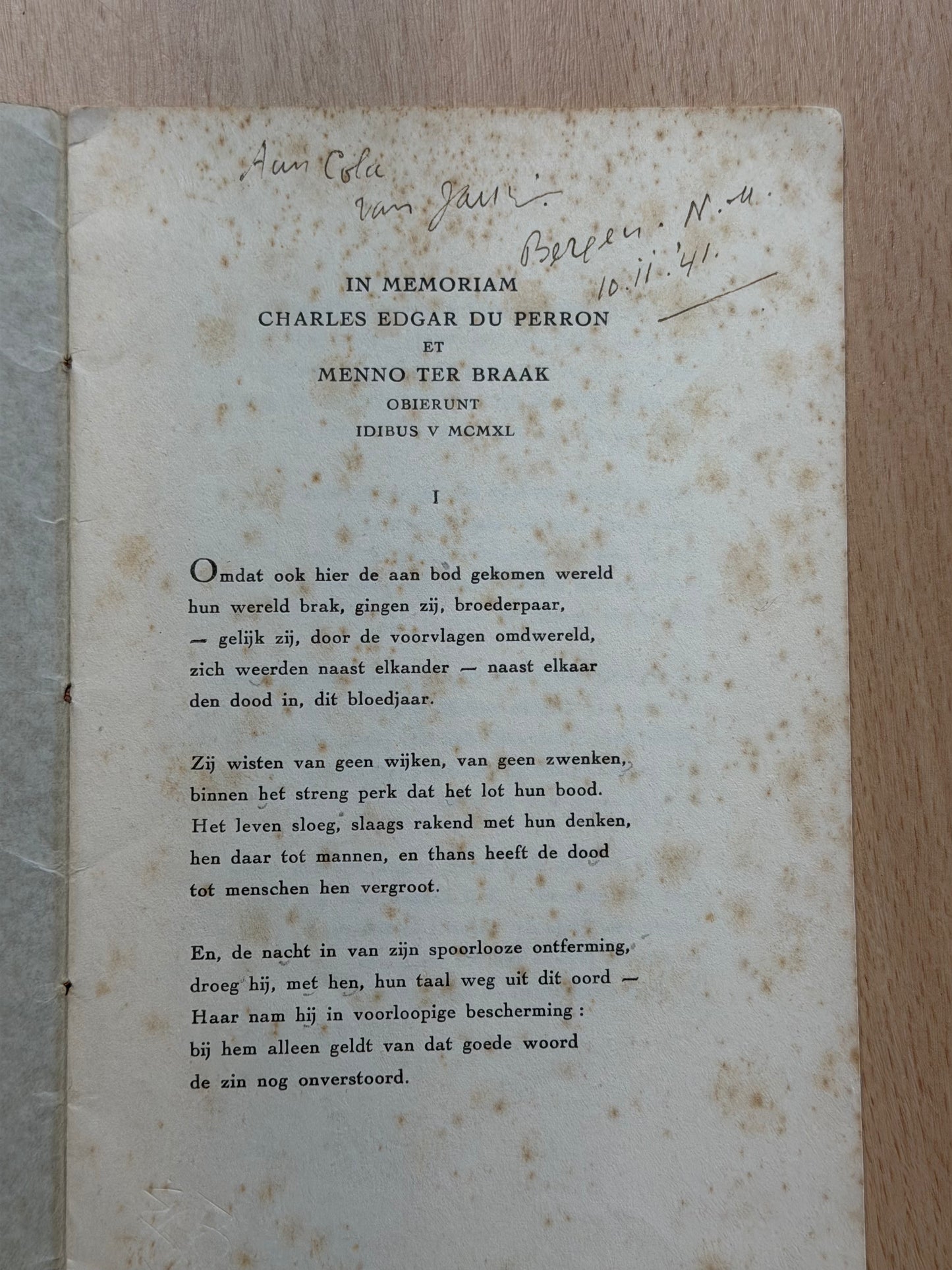 Adriaan Roland-Holst. In memoriam Charles Edgar du Perron et Menno ter Braak obierunt idibus V MCMXL