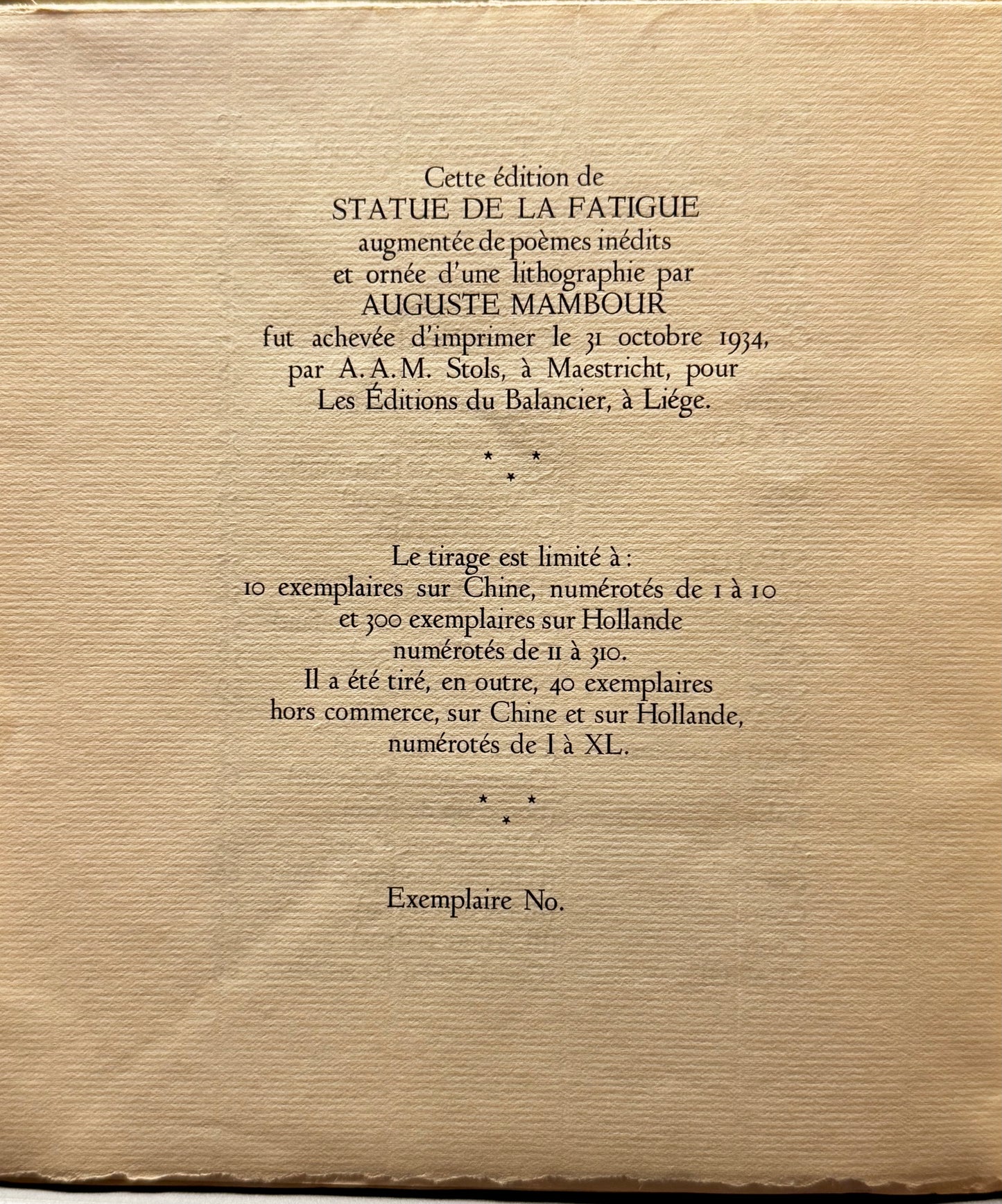 Marcel Thiry, Statue de la fatigue. Lithographie de Auguste Mambour. Les éditions du Balancier, 1934
