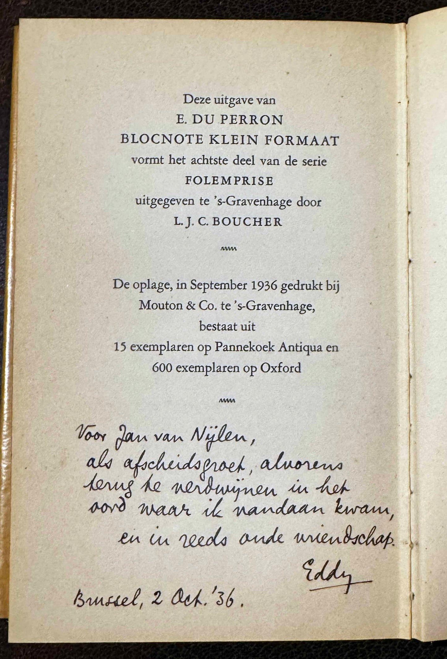 E. Du Perron. Blocnote klein formaat. ’s-Gravenhage, L.J.C. Boucher. 1936