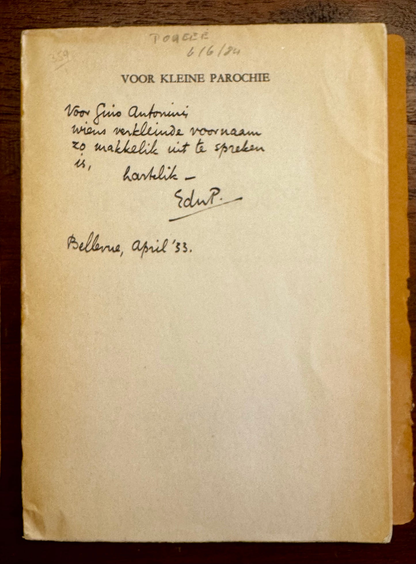 E. du Perron, Voor kleine parochie (Cahiers van een lezer). Brussel, A.A.M. Stols, 1931
