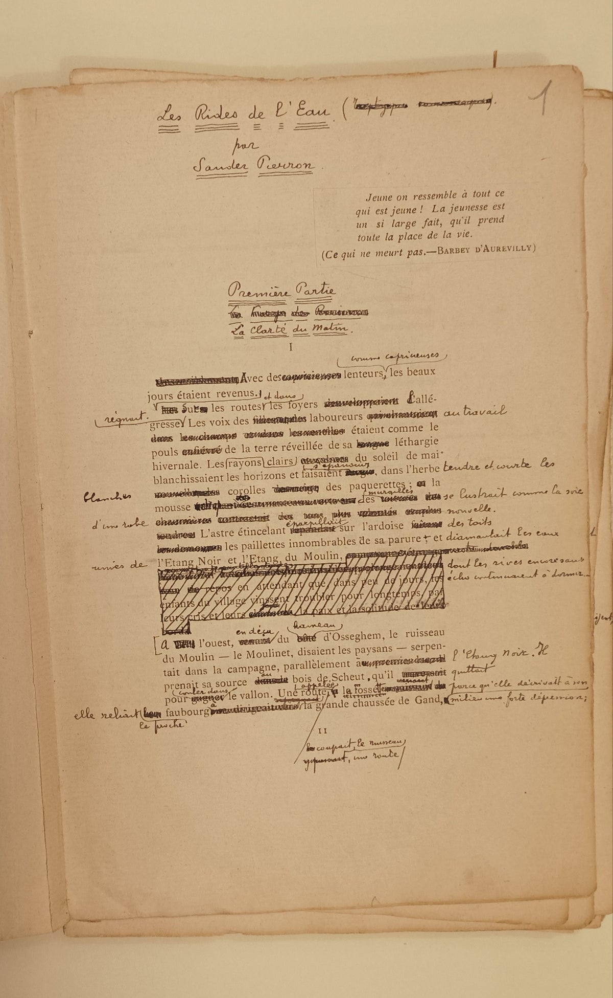 [Manuscript] Sander Pierron. ‘Manuscrit de: Les rides de l’eau (edite en 1914). Texte revu et corrige de Berthille de Haegeleere (1896).’