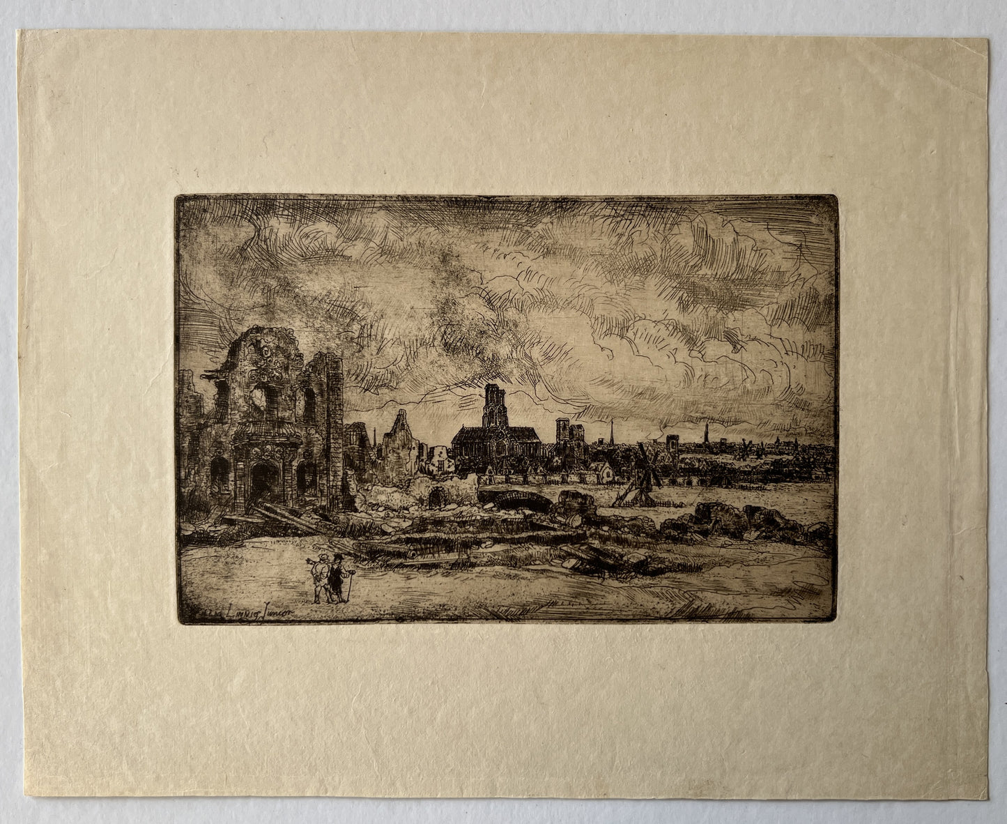 Linnig, Willem jr. (1842-1890) Landscape with Tower and Mill. Etching and dry needle.