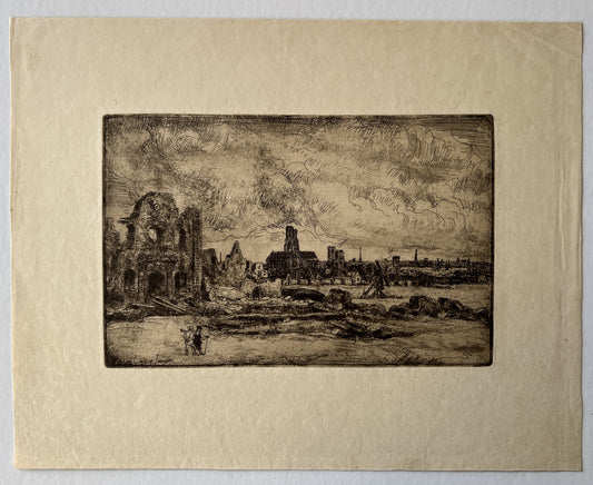 Linnig, Willem jr. (1842-1890) Landscape with Tower and Mill. Etching and dry needle.