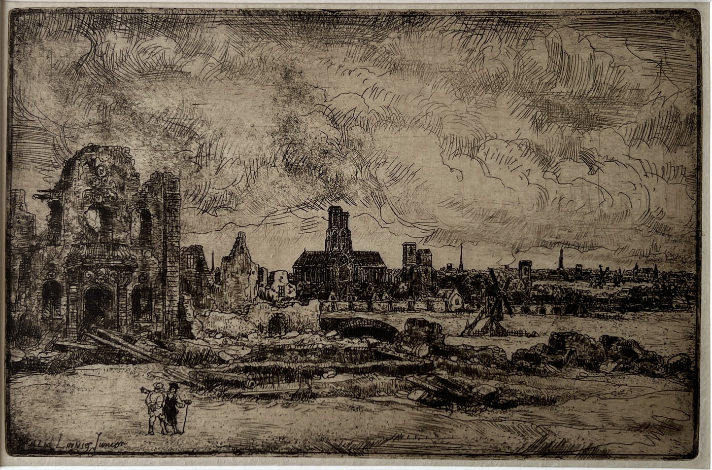 Linnig, Willem jr. (1842-1890) Landscape with Tower and Mill. Etching and dry needle.