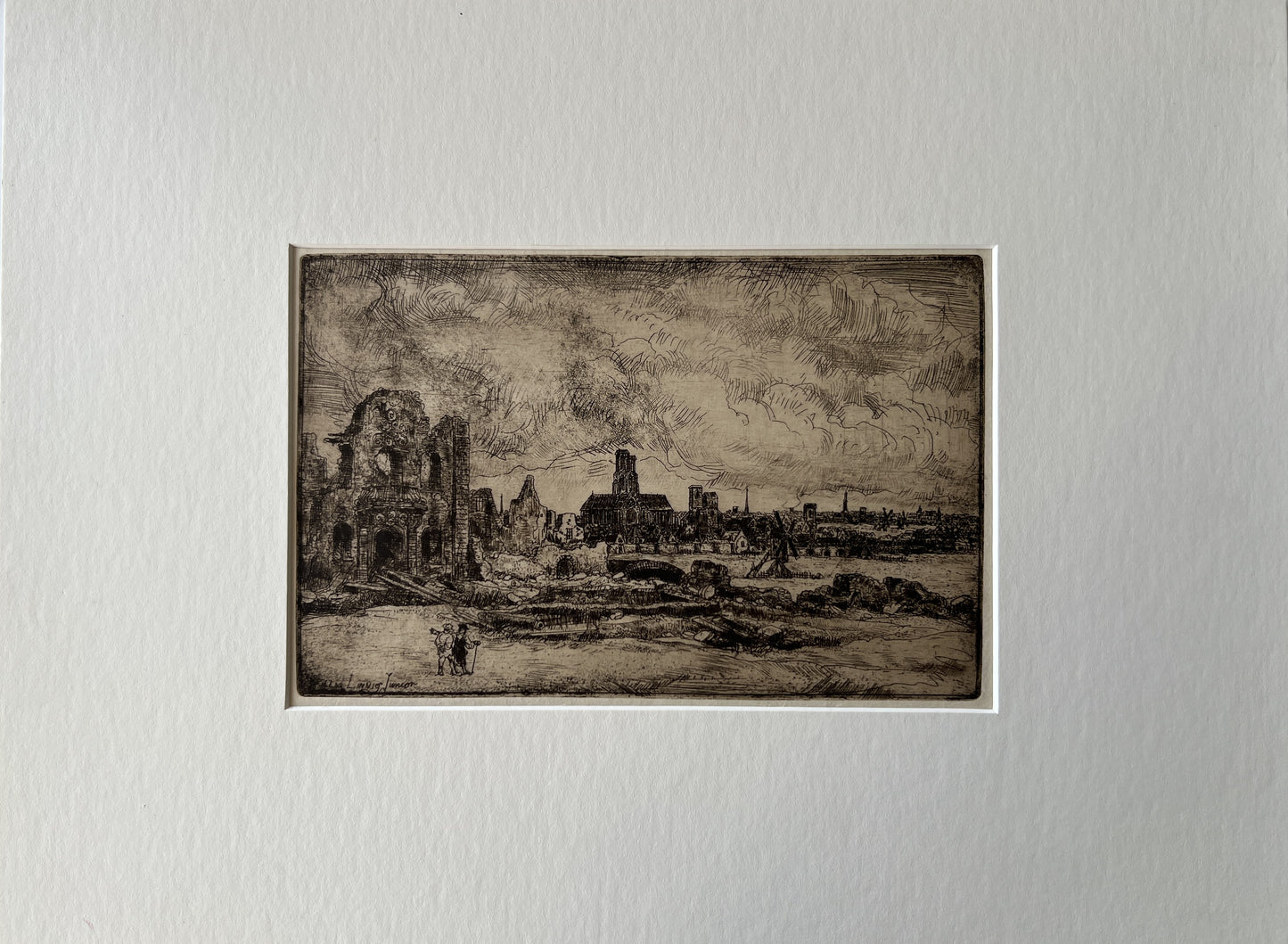 Linnig, Willem jr. (1842-1890) Landscape with Tower and Mill. Etching and dry needle.
