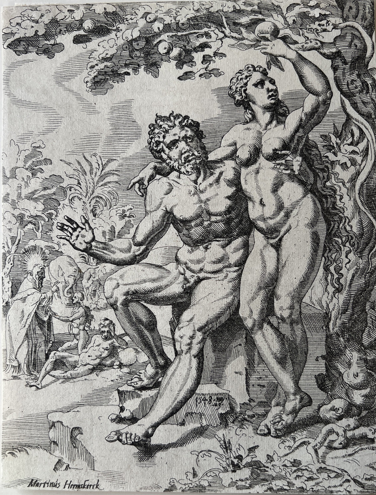 Coornhert, Dirck Volckertsz (1522-1590, attr. to) after Maarten van Heemskerck (1498-1574) Adam and Eve pick the Forbidden Fruit. The Fall and the Redemption of Humanity through the Life and Passion of Christ.