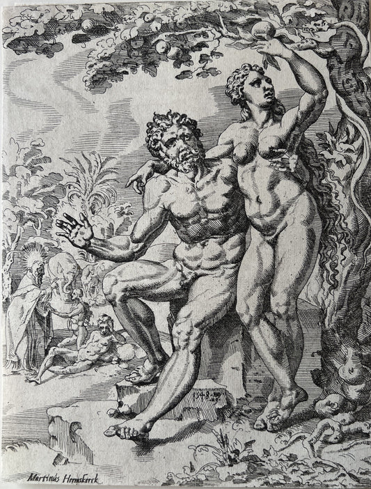 Coornhert, Dirck Volckertsz (1522-1590, attr. to) after Maarten van Heemskerck (1498-1574) Adam and Eve pick the Forbidden Fruit. The Fall and the Redemption of Humanity through the Life and Passion of Christ.
