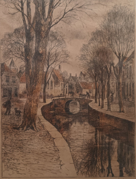 Koning, Edzard (1869-1954) A canal in  Amersfoort. 1928, Hand-coloured lithograph.