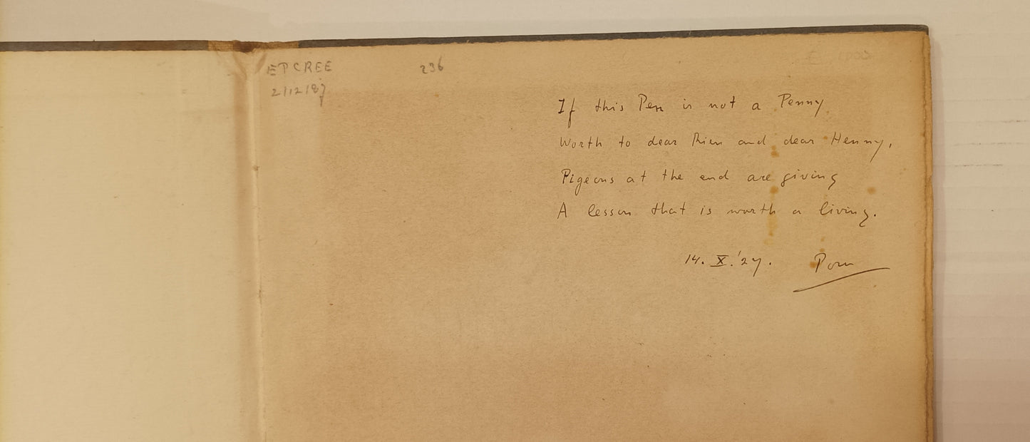 [Gesigneerd] Martinus Nijhoff. De pen op papier, gevolgd door een vertaling van Lafontaine’s Fabel De Twee Duiven.