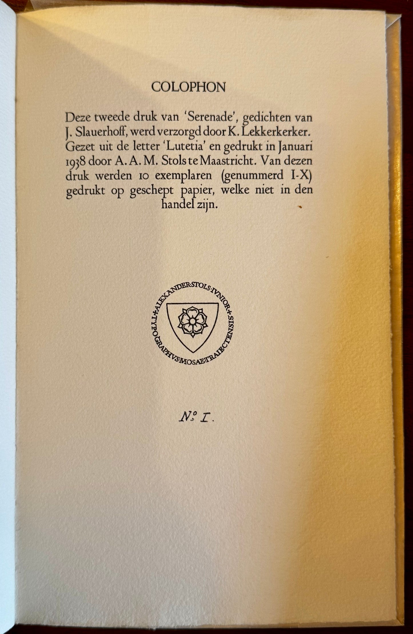 J. Slauerhoff, Serenade. Maastricht, A.A.M. Stols, 1938