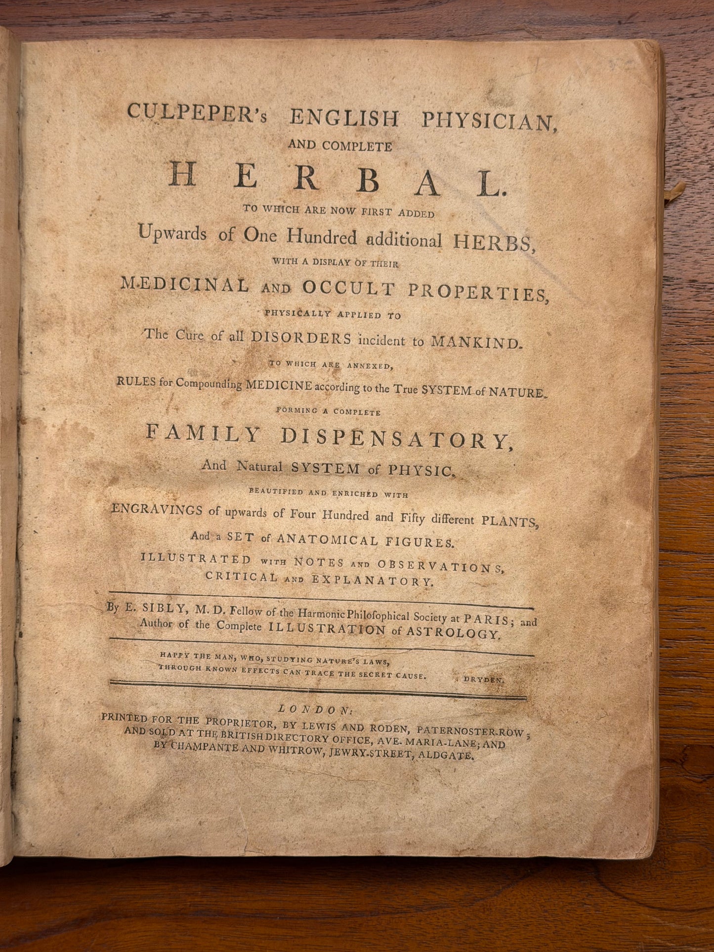 Nicholas Culpeper, Culpeper's English Physician and Complete Herbal. London, Lewis and Roden, 1805