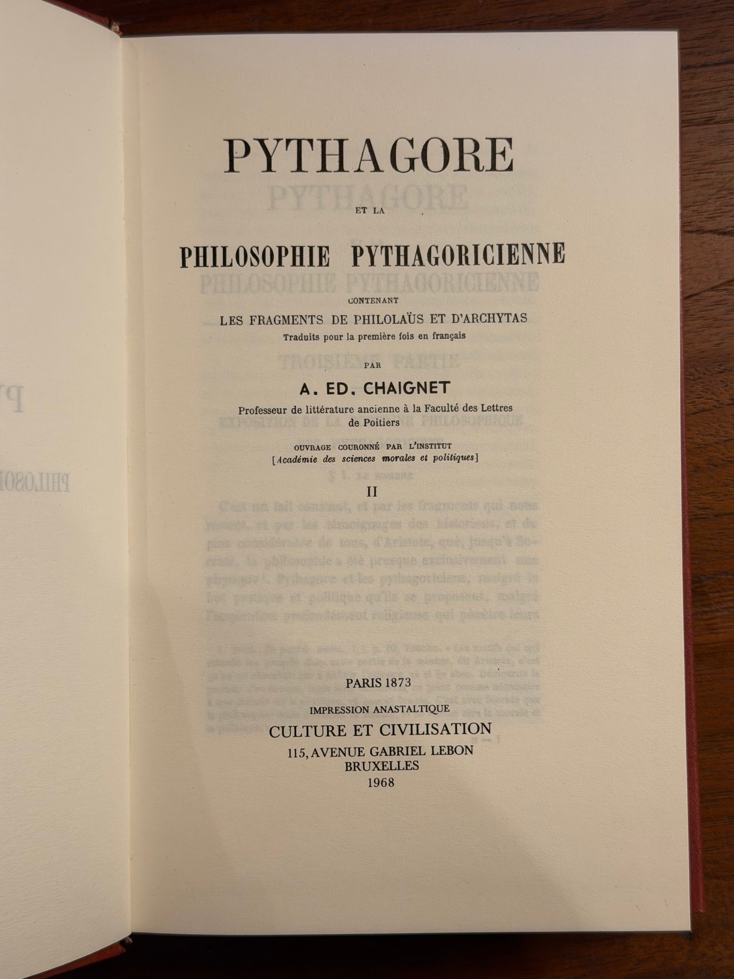 PYTHAGORE ET LA PHILOSOPHIE PYTHAGORICIENNE 니 CONTENANT LES FRAGMENTS DE PHILOLAUS ET D'ARCHYTAS Traduits pour la première fois en français PAR A. ED. CHAIGNET