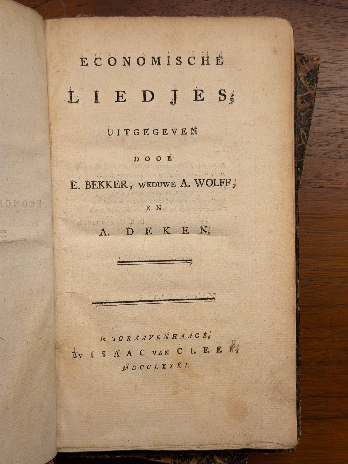 E. Bekker, weduwe A. Wolff en A. Deken, Economische liedjes. 's Graavenhaage, Isaac van Kleef, 1781