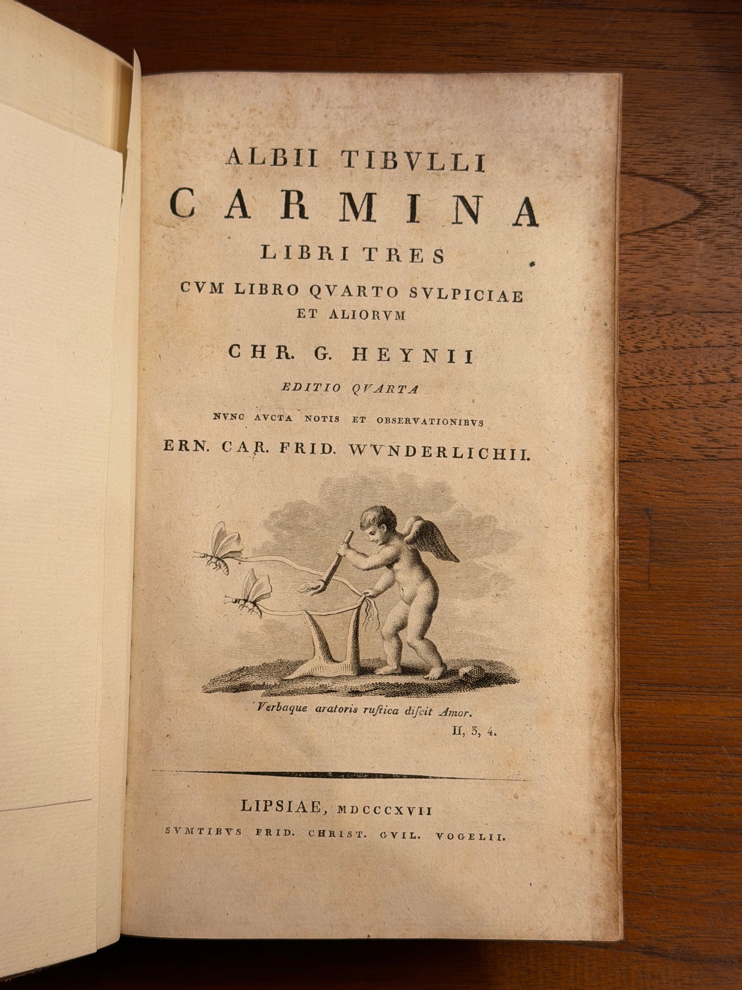 1. Albii Tibulli [Albius Tibullus] Carmina, libri Tres cum libro quarto sulpiciae et aliorum. 2. Observationes et indices in tibullum. Lipsiae [Leipzig], Frid. Christ. Guil. Vogelii, 1717,