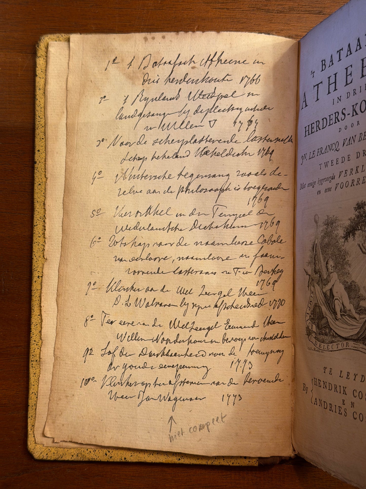 J. le Francq van Berkhey, 1. 't Bataafsch Atheene in drie Herders-Kouten. Te Leyden, by Hendrik Coster en Andries Coster, 1766. 2. Het Rhynlandsch wedspel. Te Leyden, by Hendrik Koster, 1766.