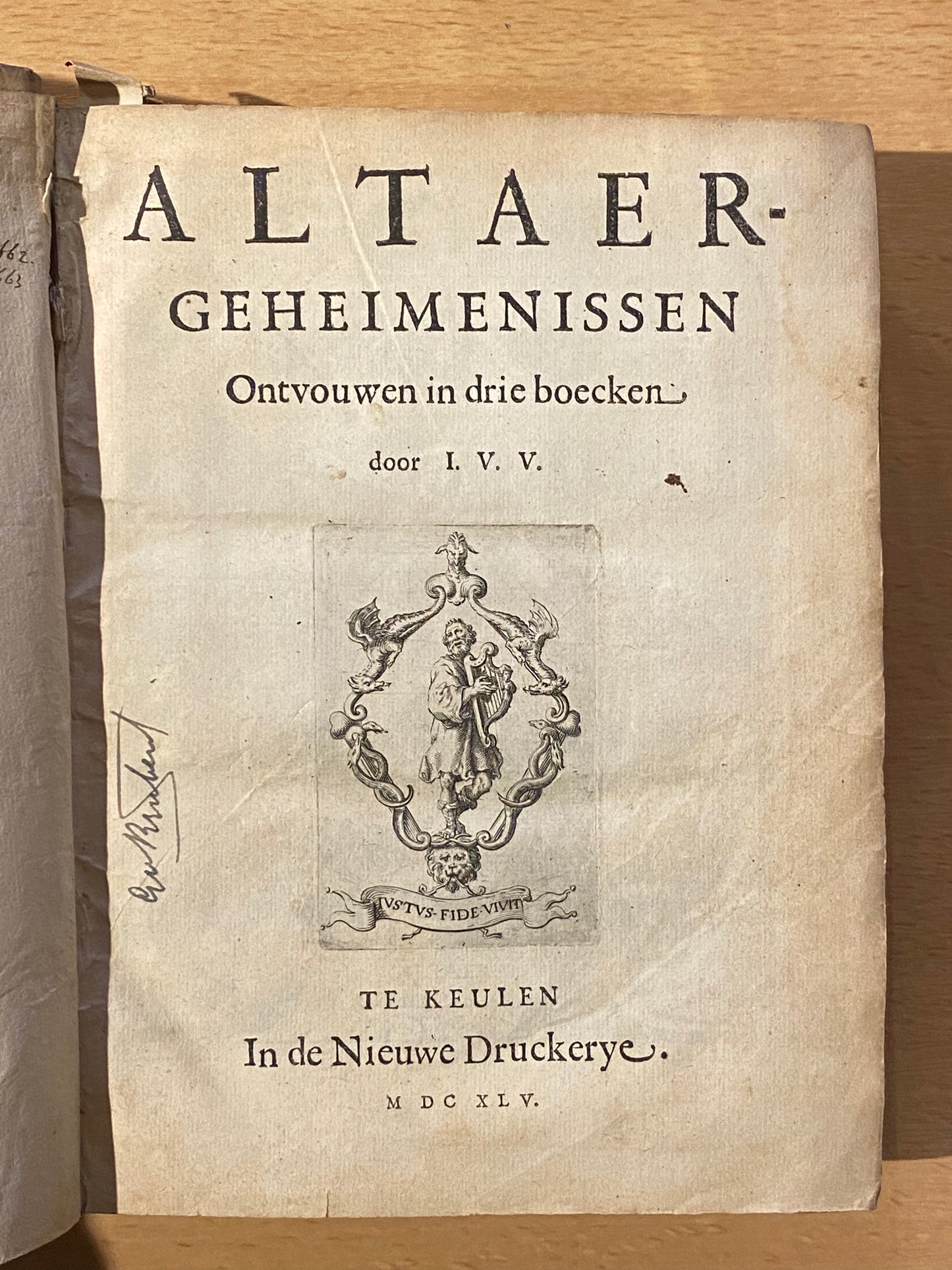 J. v. Vondel, 1. Altaergeheimenissen. Keulen, in de Nieuwe Druckerye, 1645. 2. Joannes de boetgezant. Amsterdam, voor de weduwe van Abraham de Wees, 1662. 3. Bespiegelingen van Godt en Godtsdienst. Amsterdam, by de weduwe van Abraha de Wees, 1662.