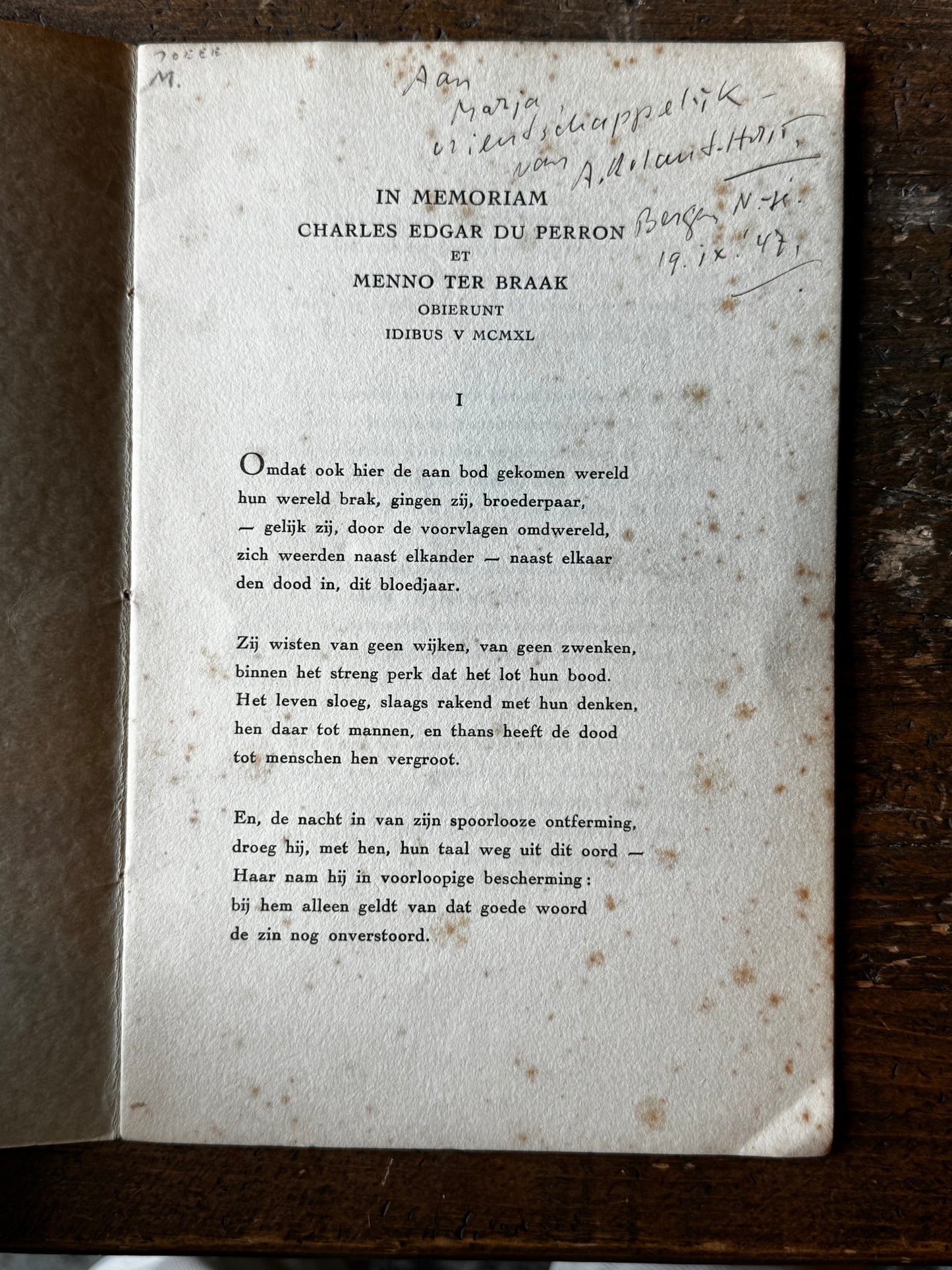 Adriaan Roland-Holst. In memoriam Charles Edgar du Perron et Menno ter Braak obierunt idibus V MCMXL