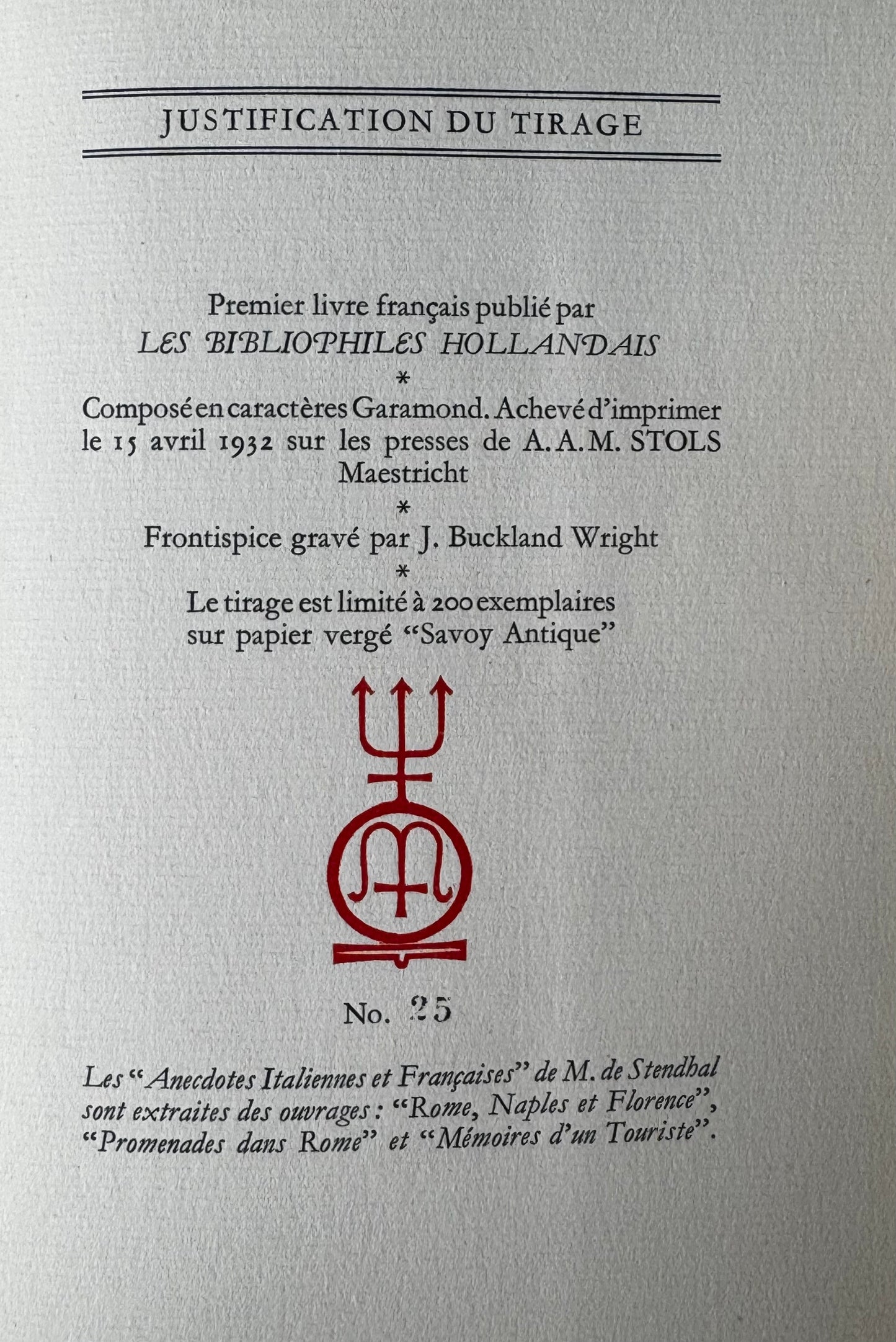 Stendhal, Anecdotes Italiennes & Françaises. Maastricht, A.A.M. Stols, 1932