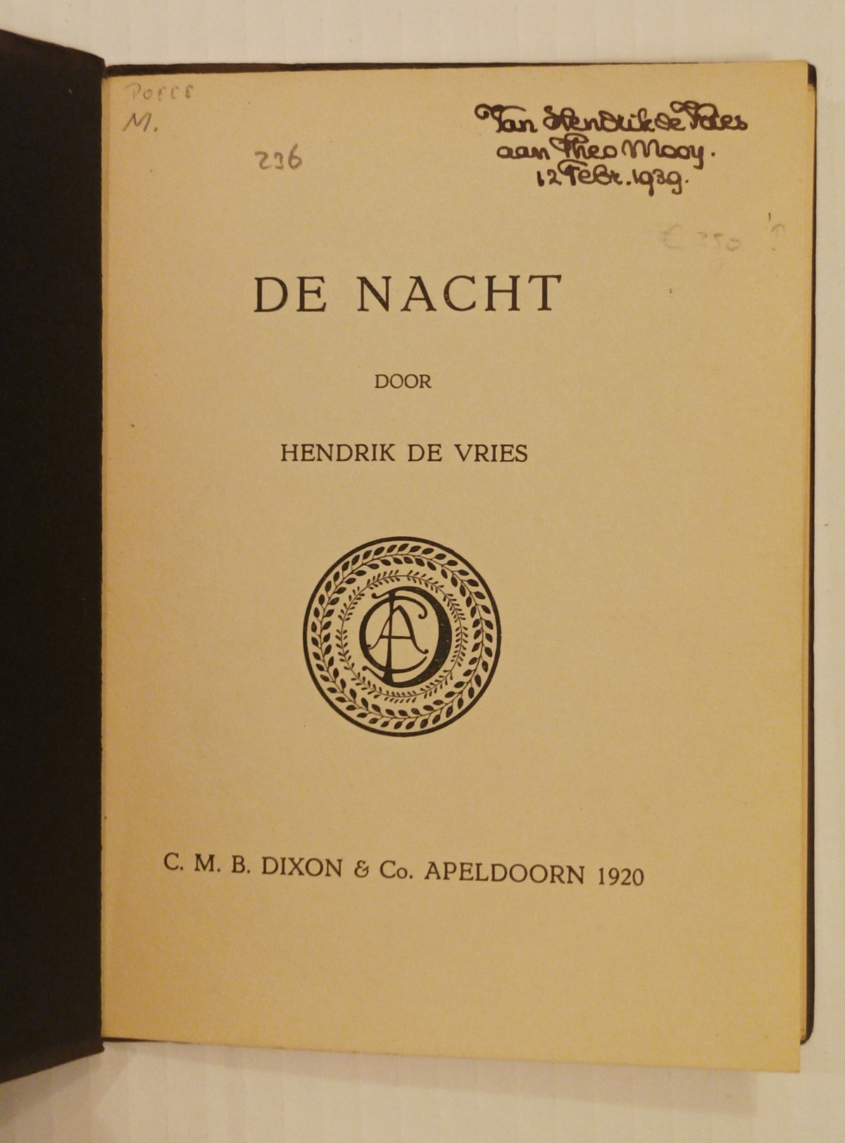 [Gesigneerd] Hendrik de Vries. De nacht.