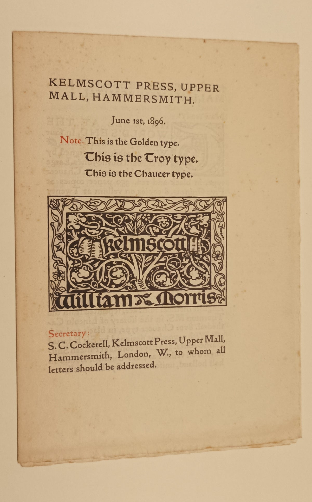 Kelmscott Press. Prospectus June 1896.