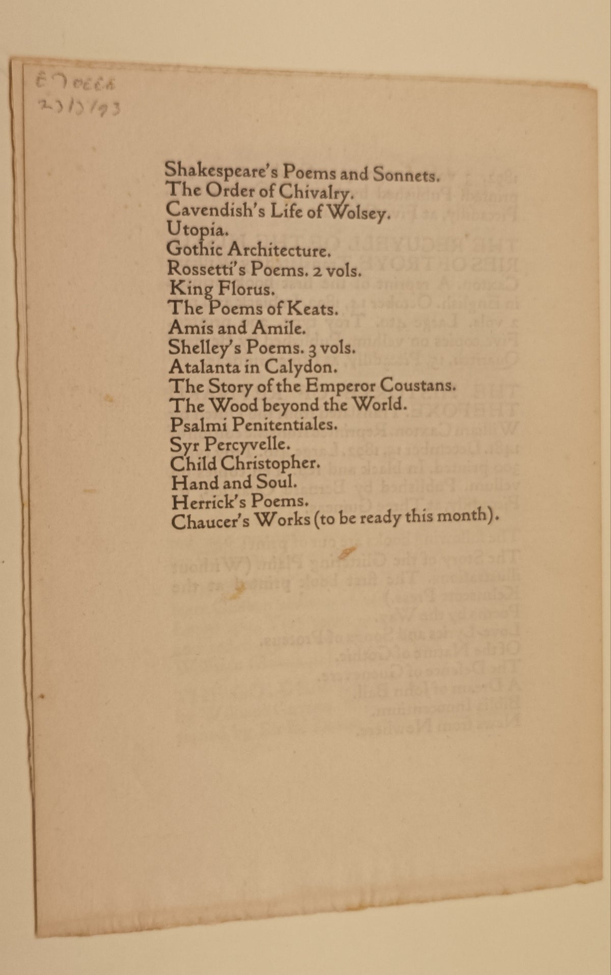 Kelmscott Press. Prospectus June 1896.