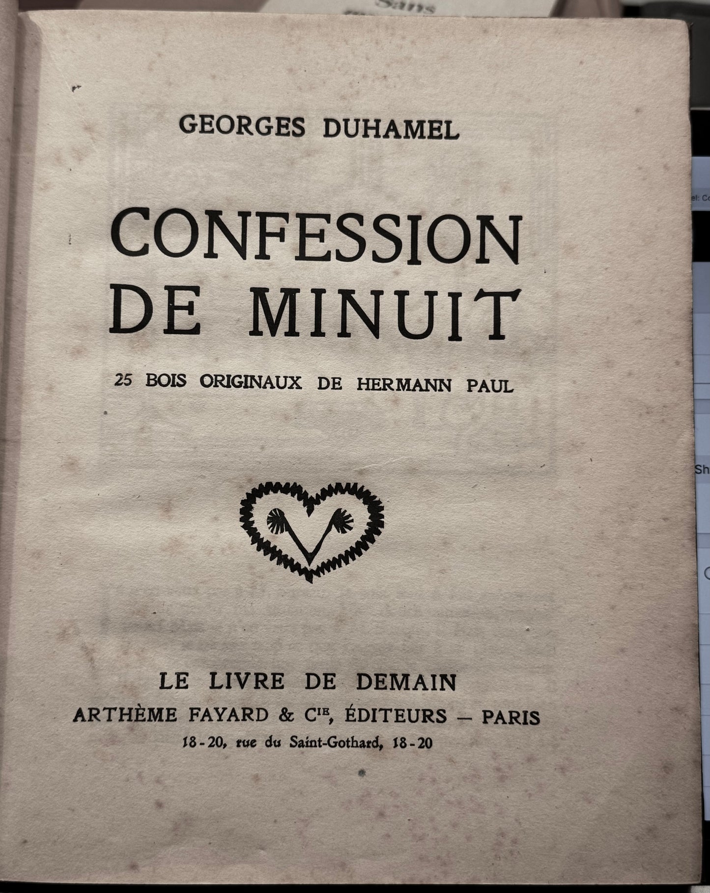 Georges Duhamel, Confession de minuit. Paris Le livre de demain, 1927