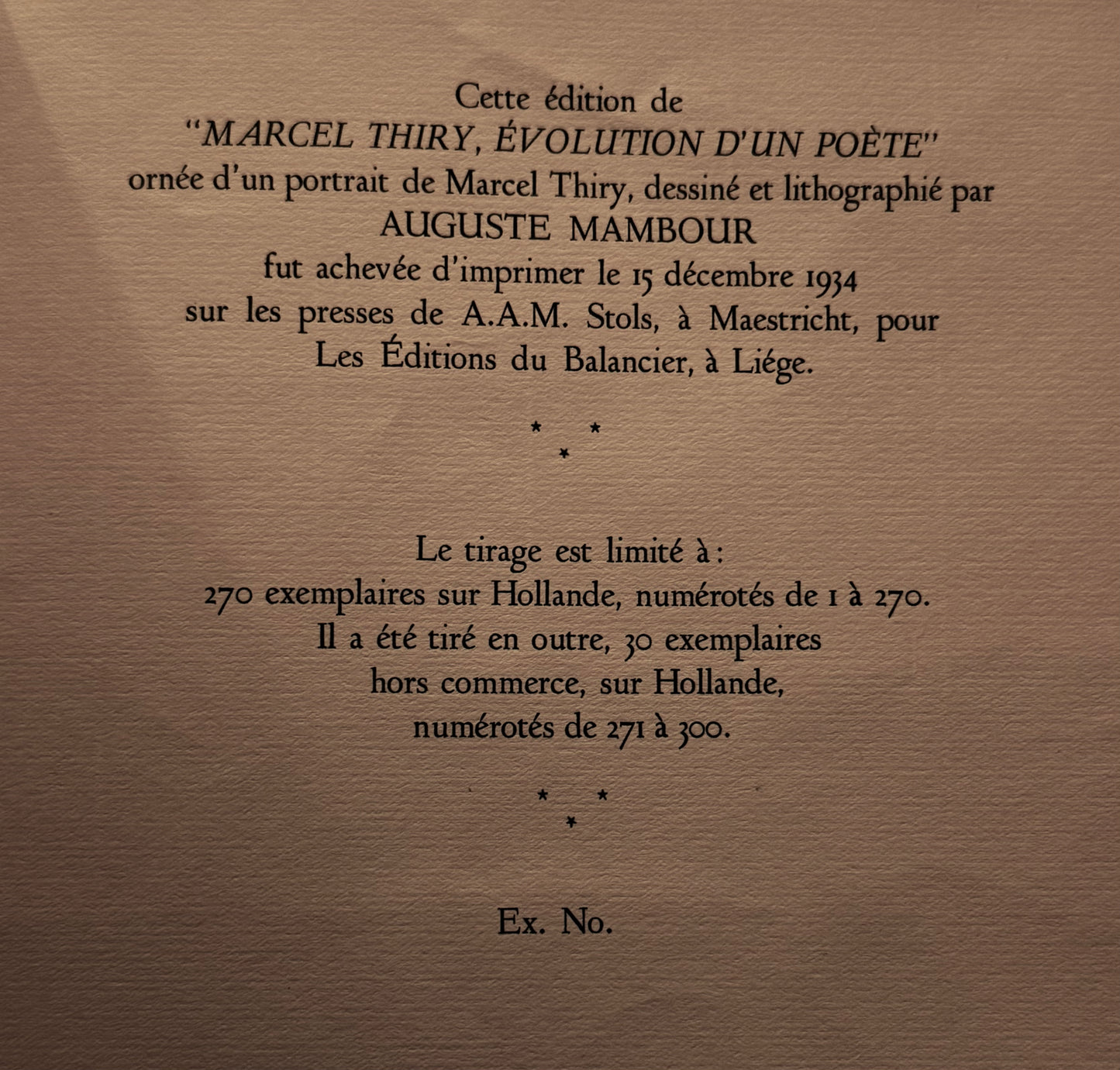 Paul Dresse, Marcel Thiry. Evolution d'un poète. Les éditions du Balancier 1934