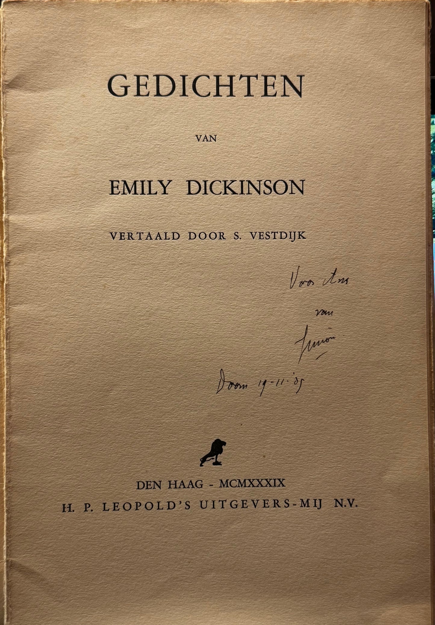 Emily Dickinson, Gedichten. Den Haag, H.P. Leopold, 1939