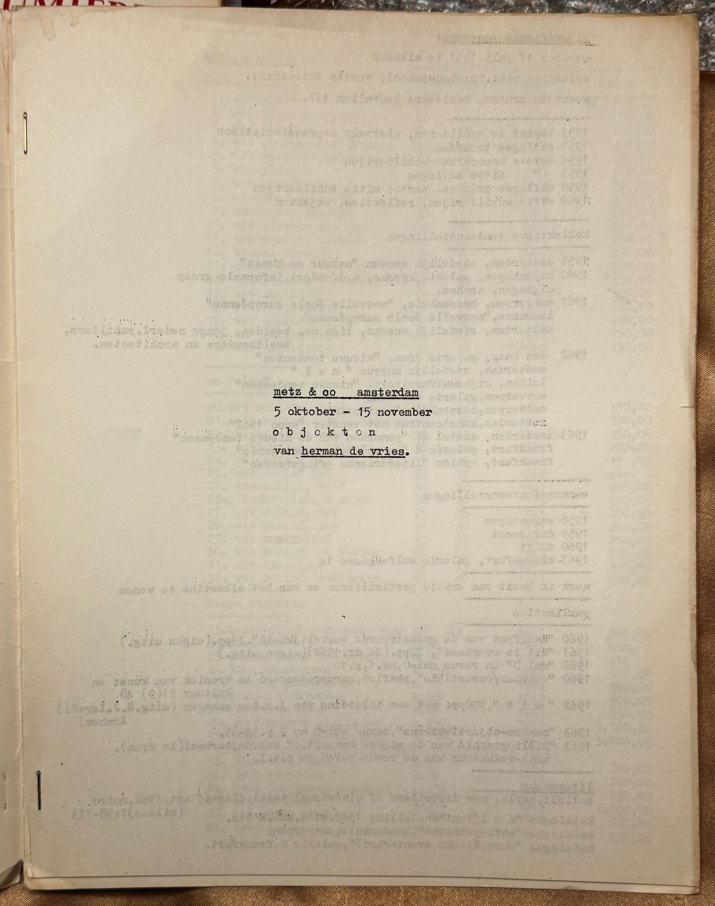 [ZERO] Vries, Herman de Objekten. Amsterdam, Metz & co., 5 oktober – 15 november [1963]