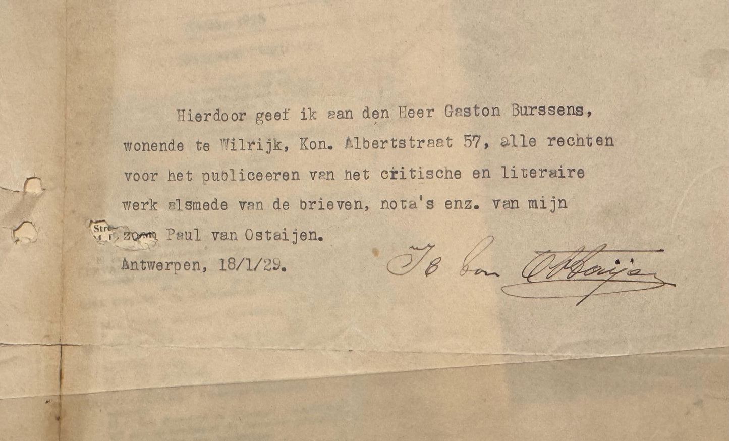 [Paul van Ostaijen] [In alle plausibiliteit signatuur van] Hendrik Pieter van Ostaijen