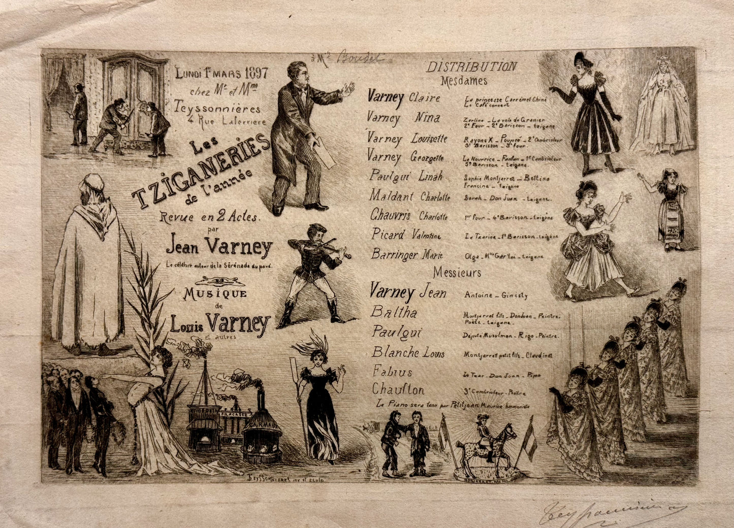 Teyssonnières, Pierre(1834-1912). Les Tziganeries de l’Année. Revue en 2 actes par Jean Varney, le célébre auteur de la Sérénade du pavé. Musique de Louis Varney et autres. Lundi 1e mars 1897.