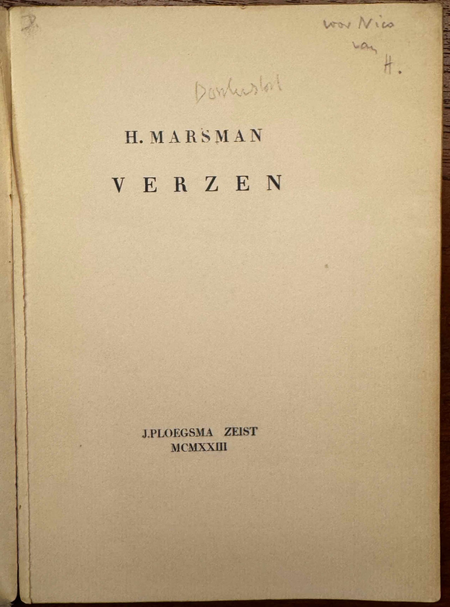 Marsman, H. Verzen. Zeist, Ploegsma, 1923.