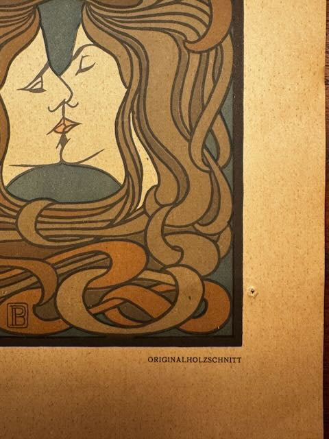[Jugendstil] Behrens, Peter Der Kuss. 1899 (design: 1898) Original six-coloured woodcut.