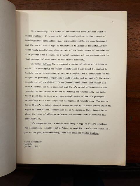 [LGBTQ+] MacCaffery, Steve Every Way Oakly: Homolinguistic Translations of Gertrude Stein’s Tender Buttons. University of Alberta, March 1978.