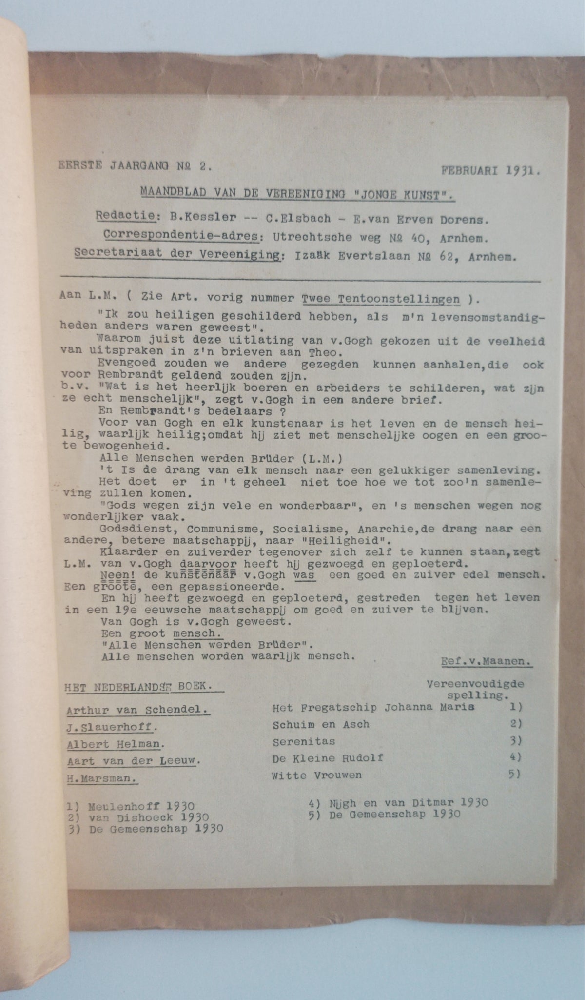 B. Kessler, C. Elsbach, E. van Erven Dorens (reds). Maandblad van de Vereniging Jonge Kunst.