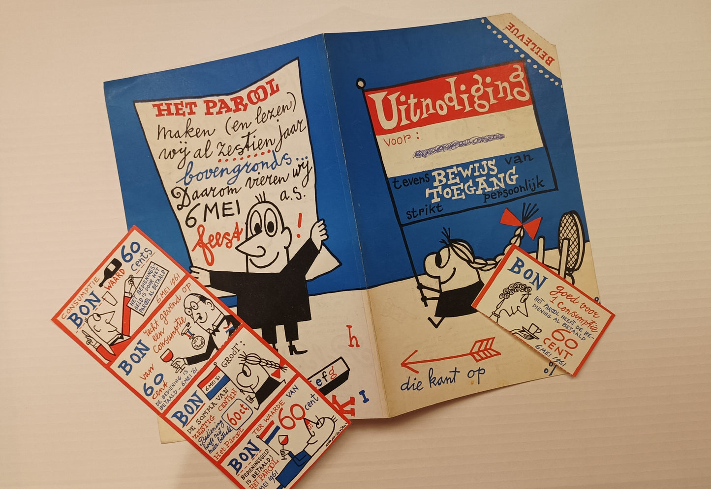 Opland (pseud. Rob Wout, 1928-2001) (Ontwerp). Uitnodiging tevens bewijs van toegang voor jubileumfeest Het Parool 6 mei 1961 in de RAI.