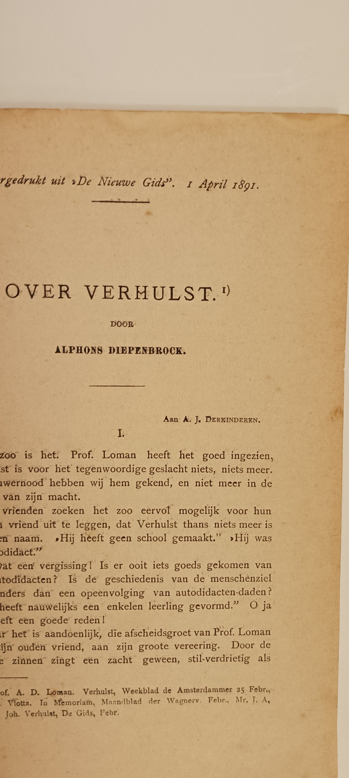 [Gesigneerd] Alphons Diepenbrock. ‘Over Verhulst’.