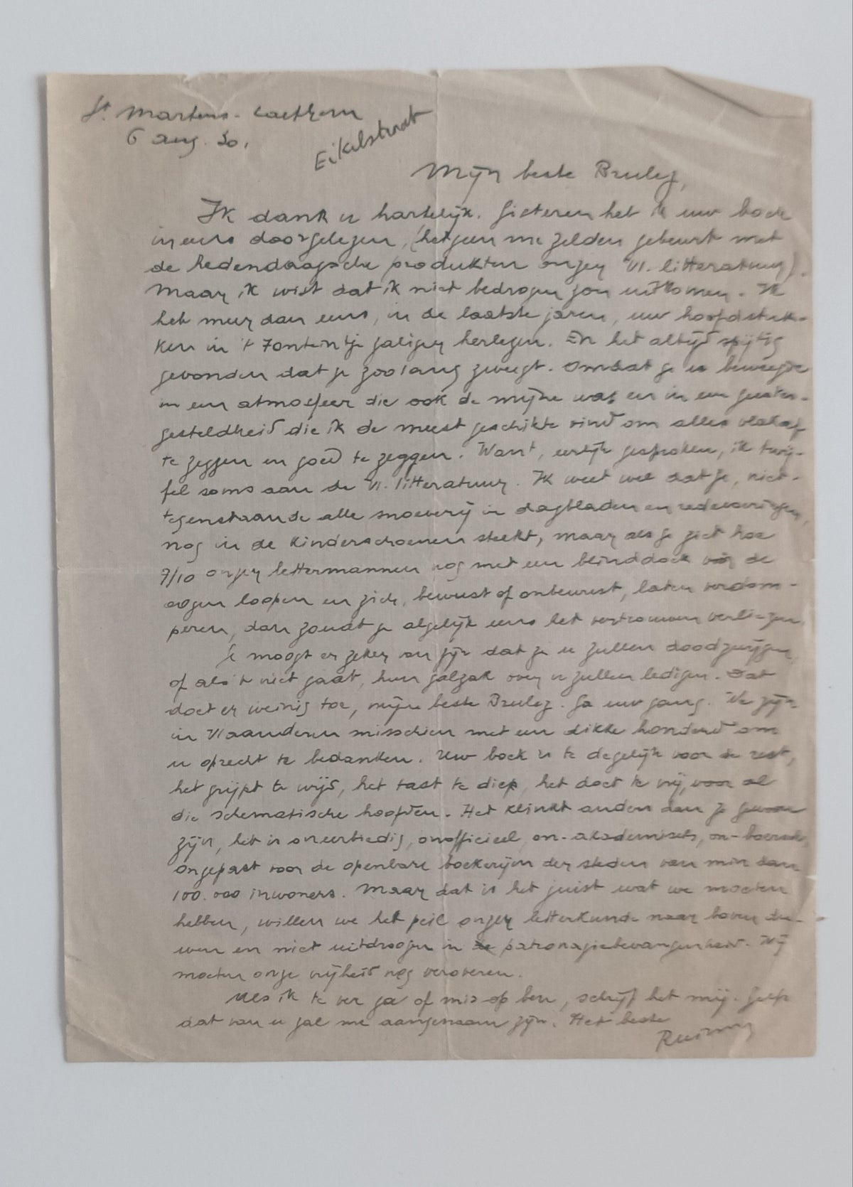 [Manuscript] Richard Minne. . Brief aan Raymond Brulez, St. Martens Lathem, 6 augustus 1930.