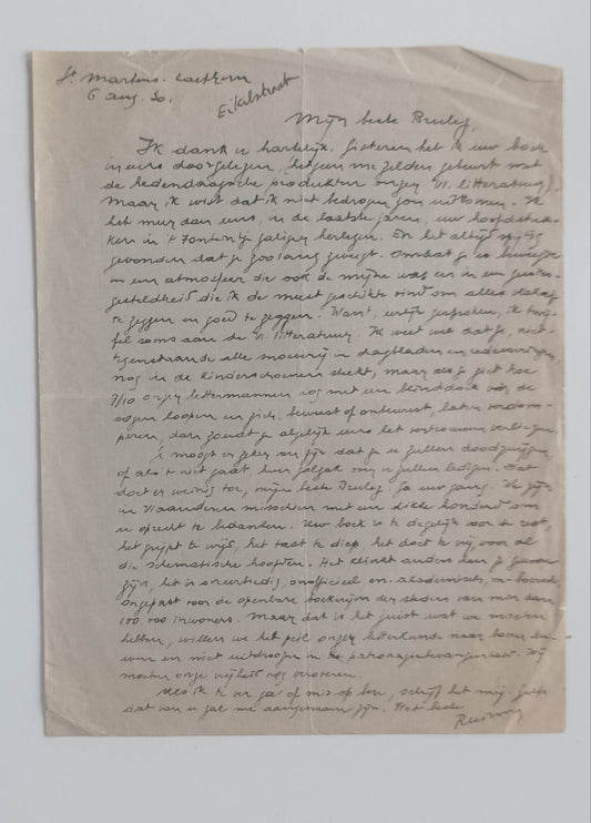 [Manuscript] Richard Minne. . Brief aan Raymond Brulez, St. Martens Lathem, 6 augustus 1930.